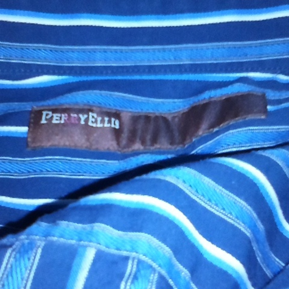 Perry Ellis Medium Men's Long Sleeve Button Up Dress Shirt Blue/White Stripes - Picture 2 of 8